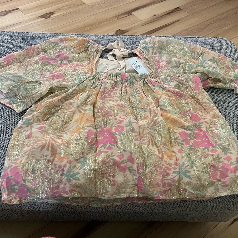 LOFT Floral Sheer Blouse with Tie Back